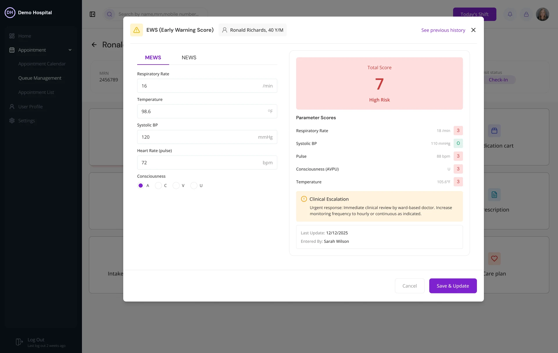 A case decision on the early warning score screen